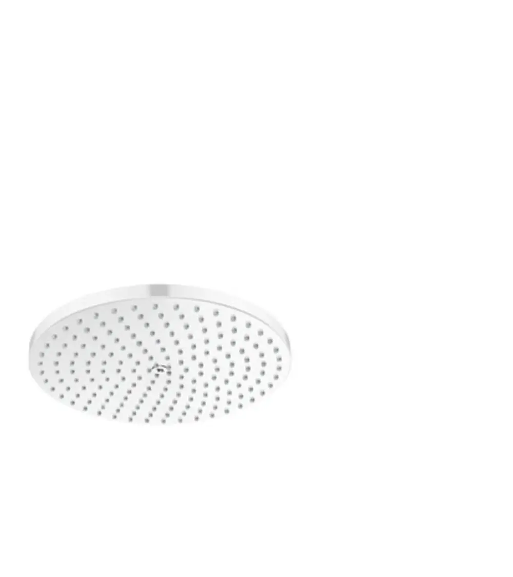 Runde Kopfbrause in Mattweiß von Hansgrohe mit zahlreichen Wasserstrahldüsen für gleichmäßige Wasserverteilung.